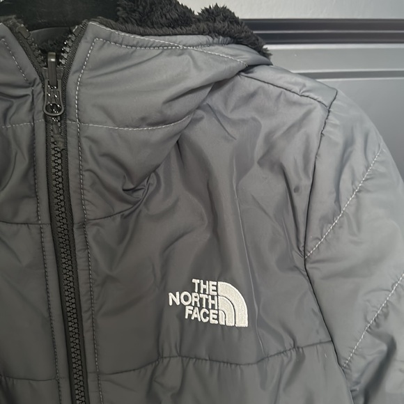 North Face Reversible Puffer/Fluffy Black and Gray Long Coat - Picture 2 of 7